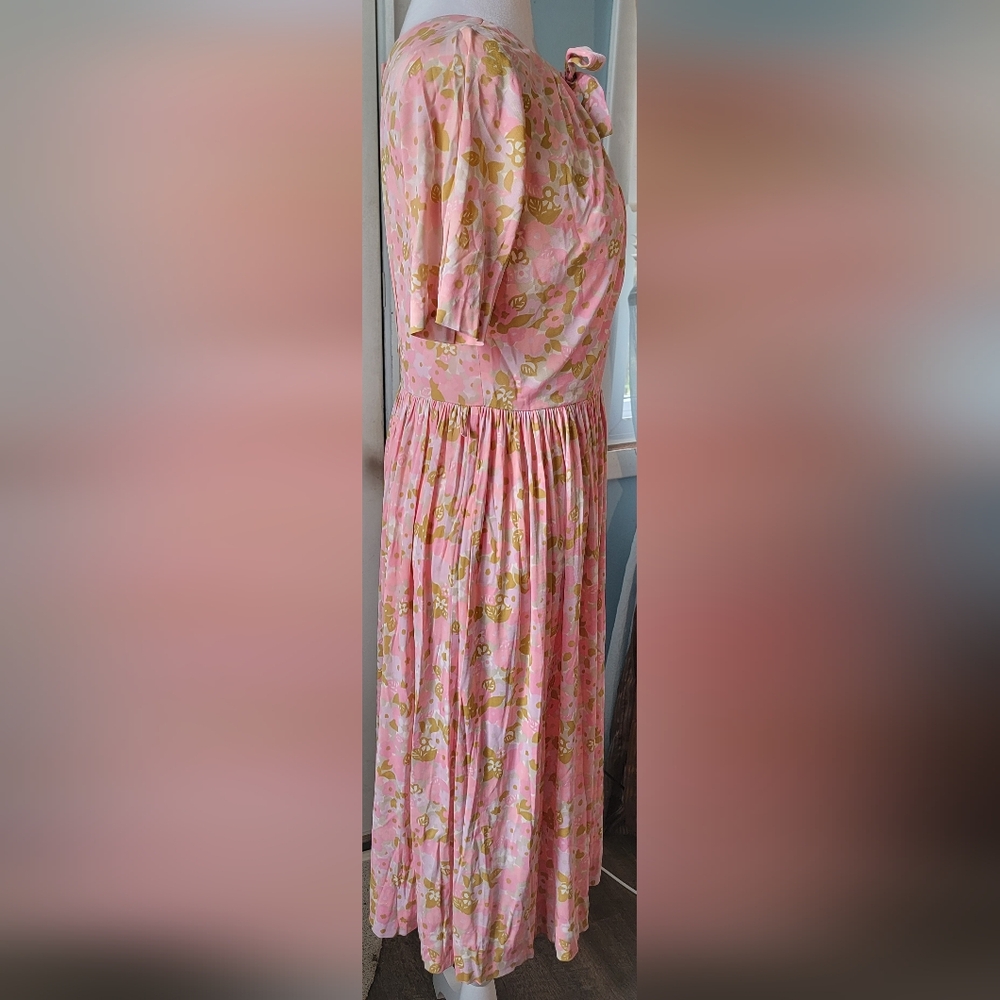 60s Vintg Midi Dress Womens 4 Pink Purple Tan Retro Floral Full Skirt Bow Detail - Picture 4 of 13